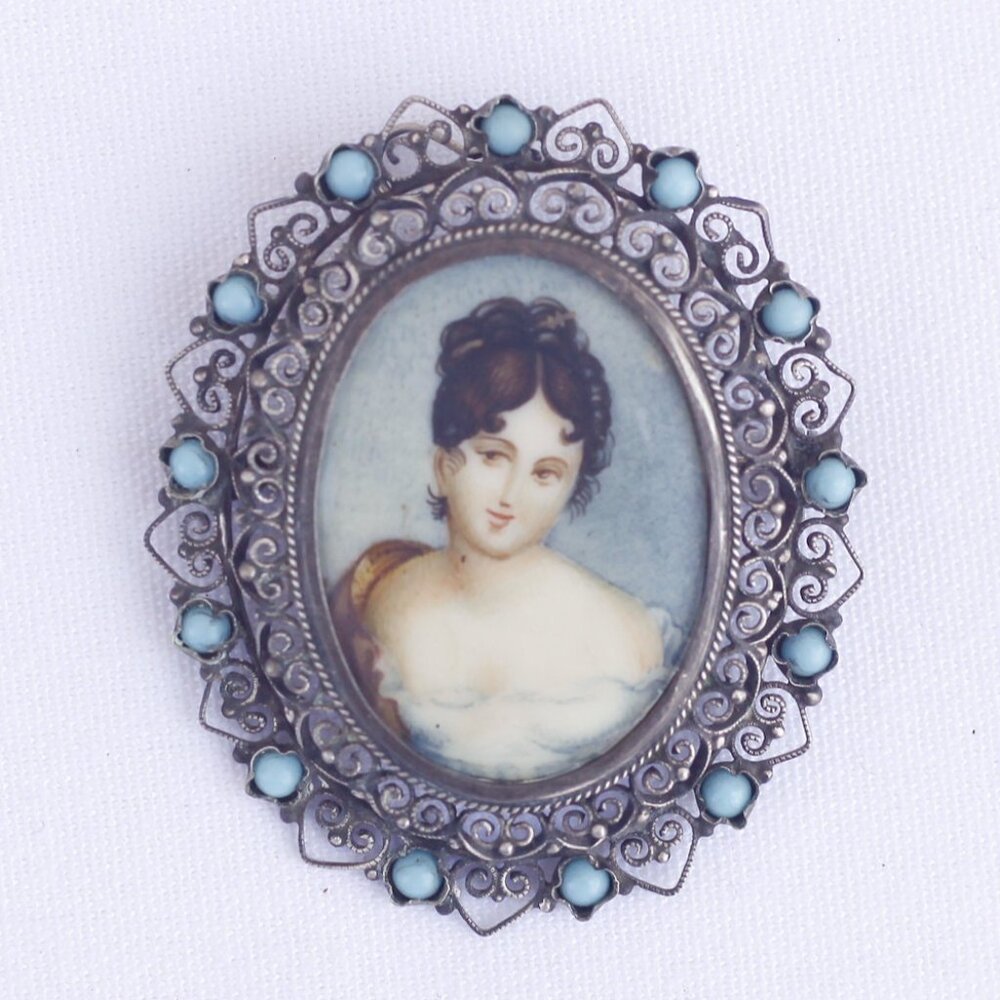 Antique miniature watercolour portrait brooch in 800 silver frame